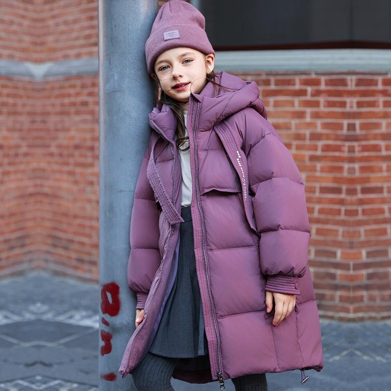 Giacca in piumino per bambini, ragazze, lunghezza media, invernale, bianco, in piuma d'anatra, tinta unita, spesso, casual, cappotto