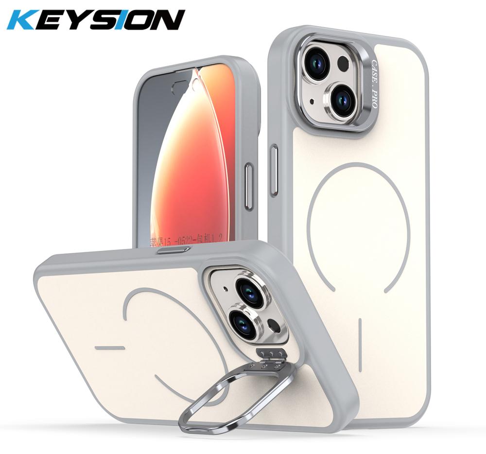 KEYSION Matte Skin Feel Lens Stand Phone Case for Magsafe for iPhone 13 14 15 Pro Max 15 Plus Magnetic Wireless Charging Shockproof Cover
