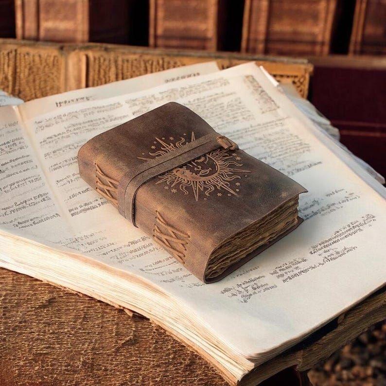 Sun & Moon Embossed Leather Journal, Handmade Deckle Edge Notebook 7 x 5 inch / 100 page