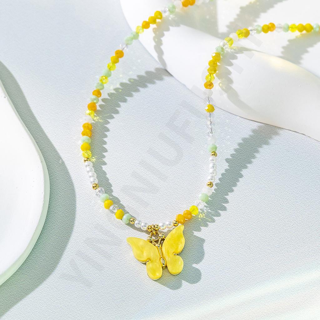 Candy color beaded butterfly pendant necklace female niche sweet and cute girl wind collarbone chain new accessories