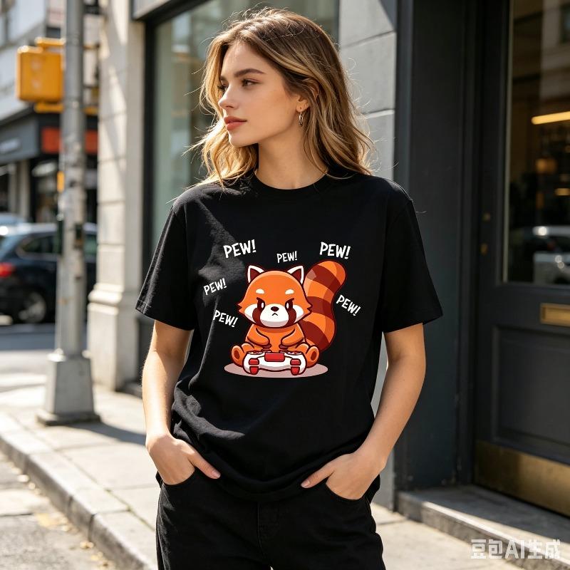 Cute Red Panda Gaming Unisexs Tshirt Pew Sound Effect Graphic Casual Short Sleevetee For Everydaystreet Style And Gamer Gifts