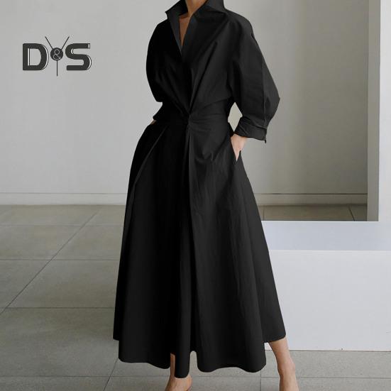 Women's Long Sleeve Button Down Shirt Dress Casual A-Line Midi Dress Loose Fit Lapel Collar Long Dress for Office Parties And Beach