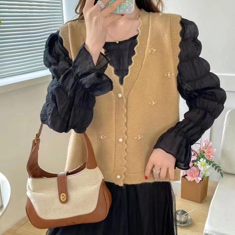 Autumn Sweater Vest Women Beaded Preppy Style Thin Sleeveless Knit Cardigan Waistcoat