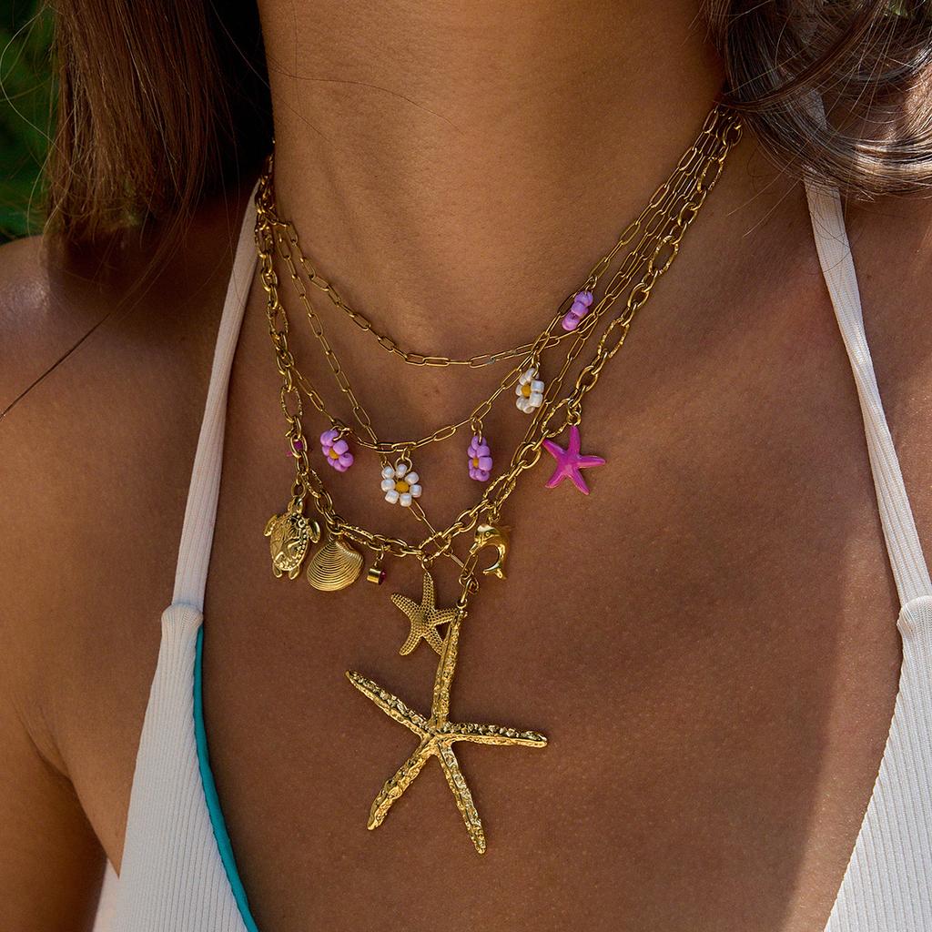 Design Vacation Style 18K Gold, Pink Dolphin Shell Turtle Dripping Oil Pentagram Necklace