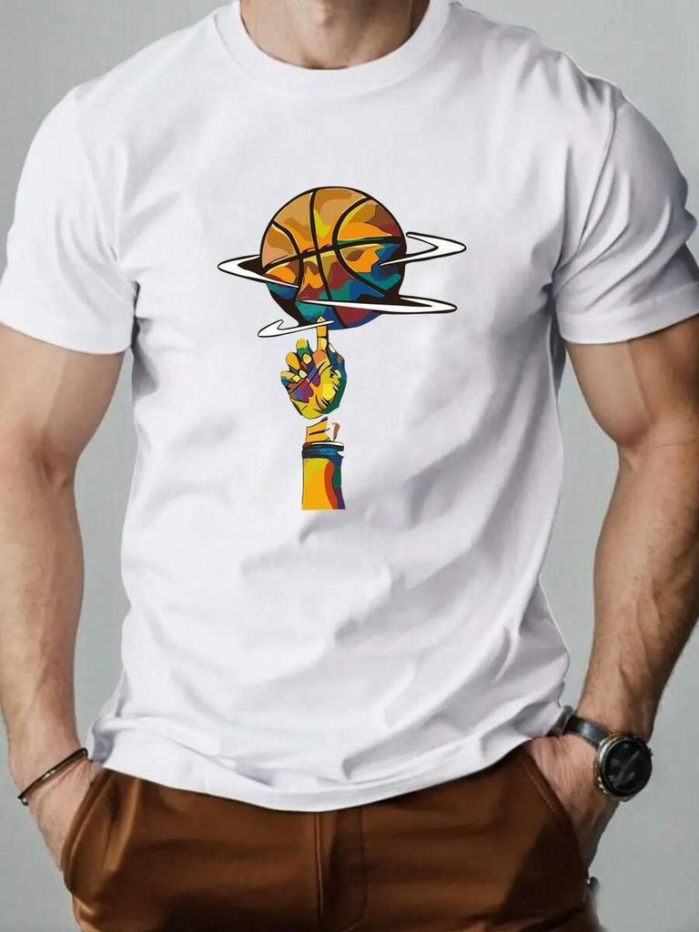 Basketball-Aufdruck Unisex T-Shirt, Reine Baumwolle, Kurzärmelig, Rundhals Freizeit Oberteil, Geeignet Für Frühling Und Sommer