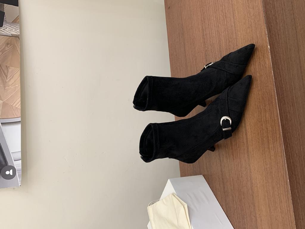Pointed high-heeled thin short boots autumn temperament belt buckle suede elastic short boots women's boots