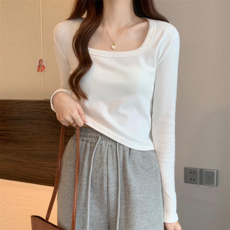 Small Age-reducing Bottoming Shirt Women's Shoulder Square Neck Long-sleeved Shirt Spring Simple Inner Short Top