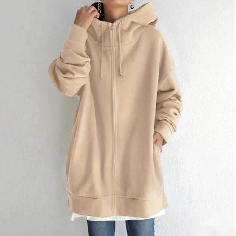 Autumn and Winter Women's New Personality Street Casual Warm Sweater Zipper Hooded Long Fleece Jacket