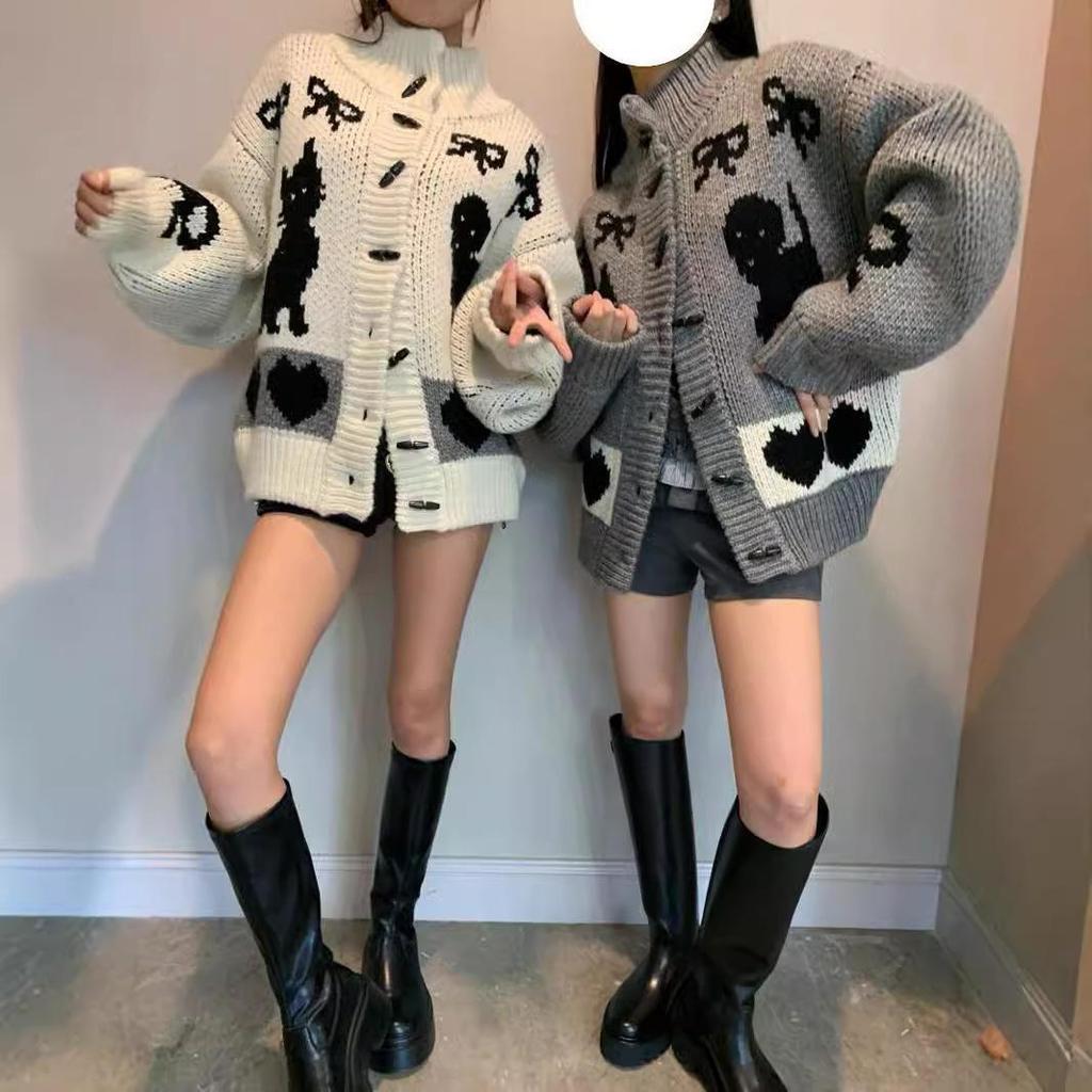 In-Stock Korean Retro Bow Jacquard Cardigan Sweater for Women