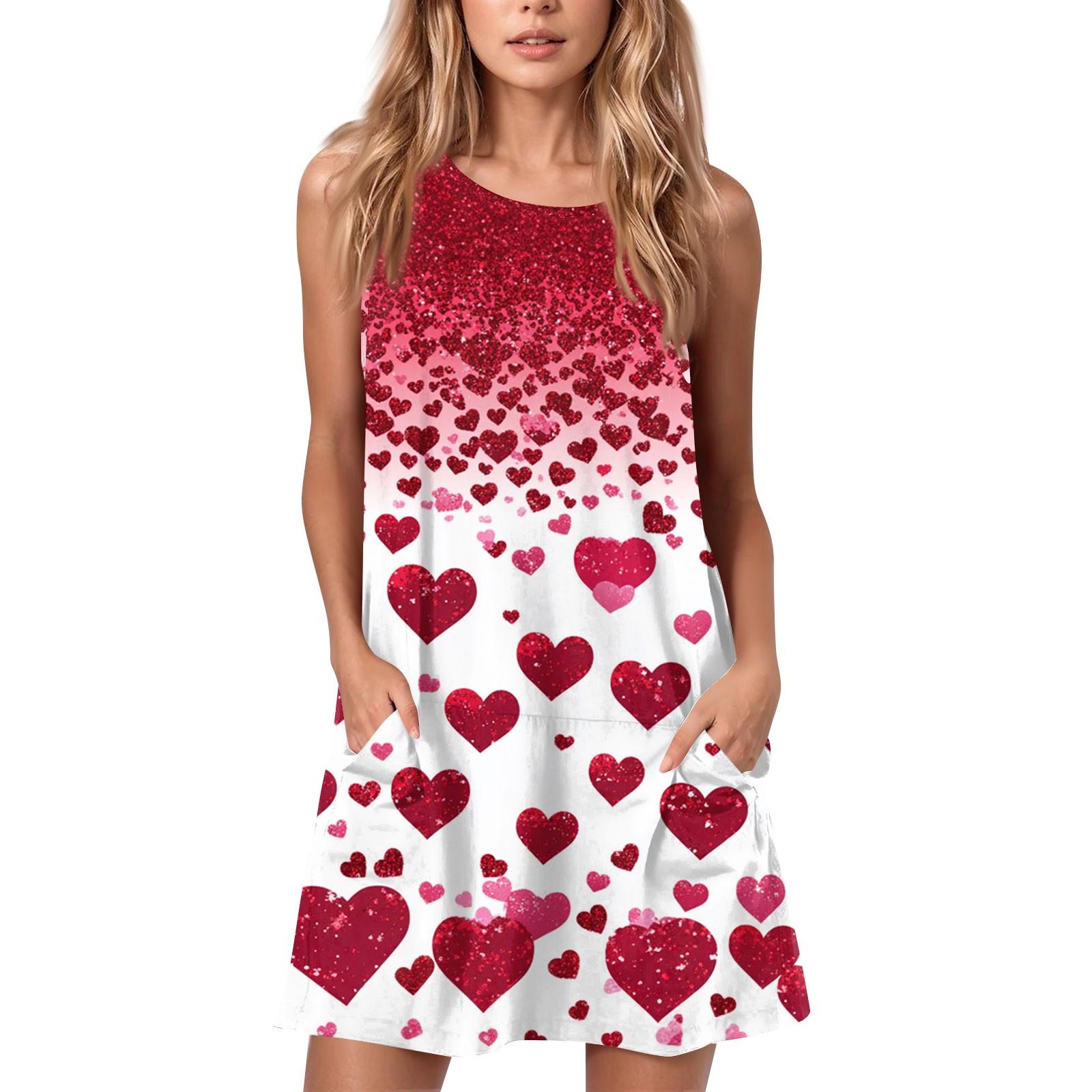 

Женское летнее повседневное платье с круглым вырезом и принтом ко Дню святого Валентина, платье без рукавов с карманами L горячий розовый