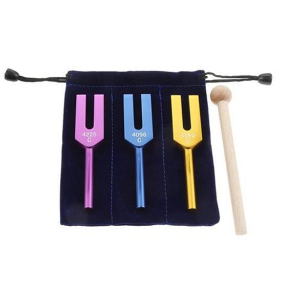 3 Adet Ahşap Çekiçli Alüminyum Akort Çatalı Kumaş Çanta 4096/4160/4225Hz Şifa Enstrümanı Akort Çatalı Yoga Meditasyon Rahatlama Aksesuarları