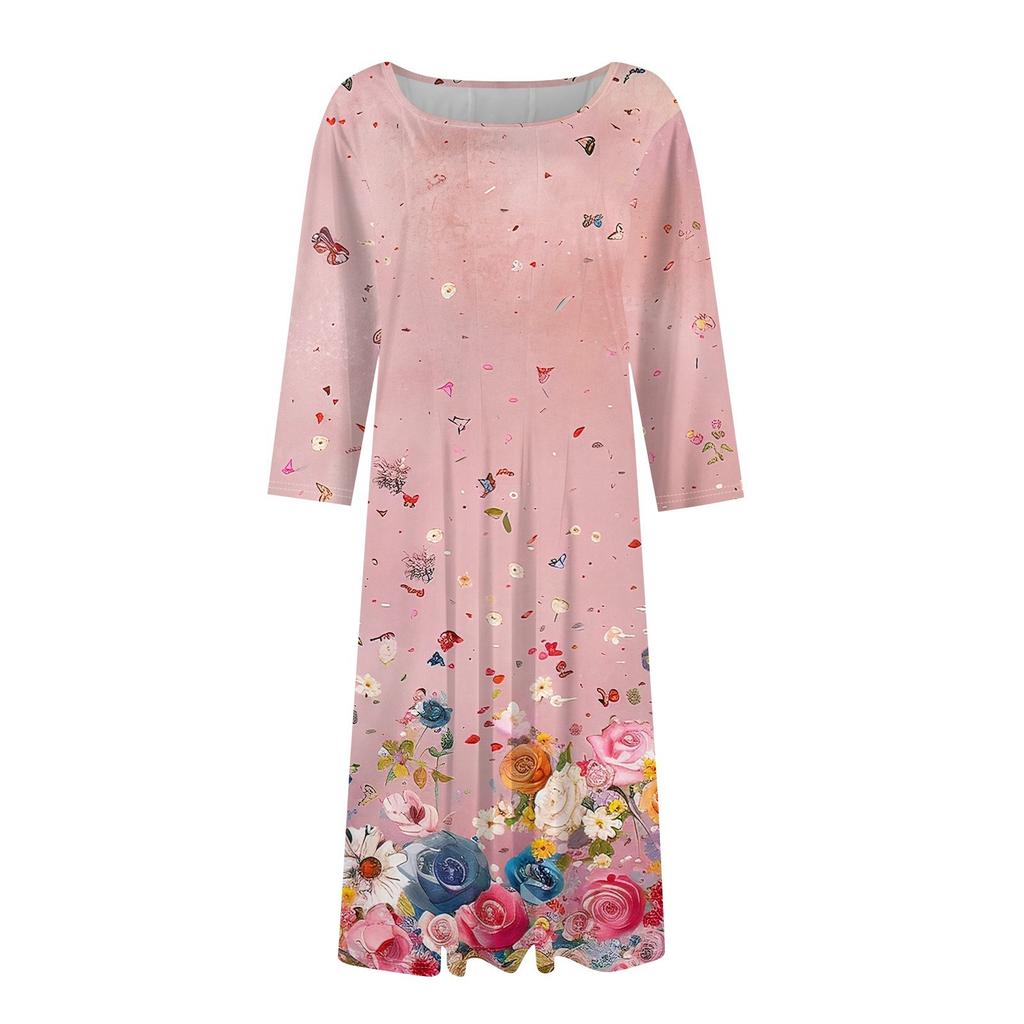 Women's Casual Fashion Round Neck Three Quarter Sleeve Print Midi Dress