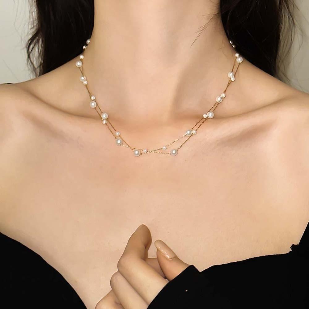 Luxury Stacked Pearls Necklace Titanium Steel Collarbone Chain  Birthday Gift