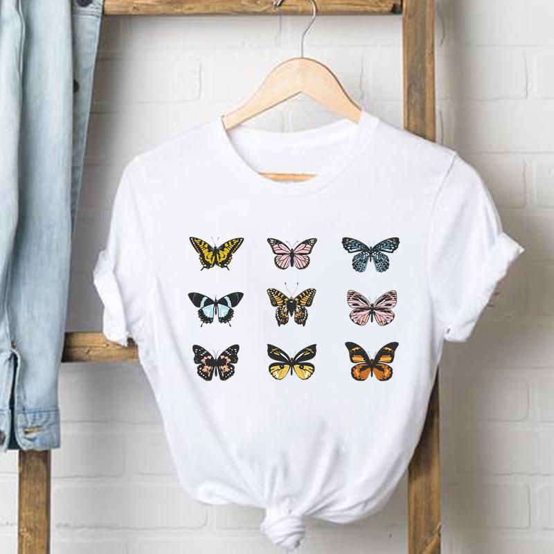 Kläder Fritidströja Kortärmad Söt fjäril Trend Söt T-shirt med tryck för kvinnor Sommarmode T-shirt Dam Kvinnlig Grafisk T-shirt
