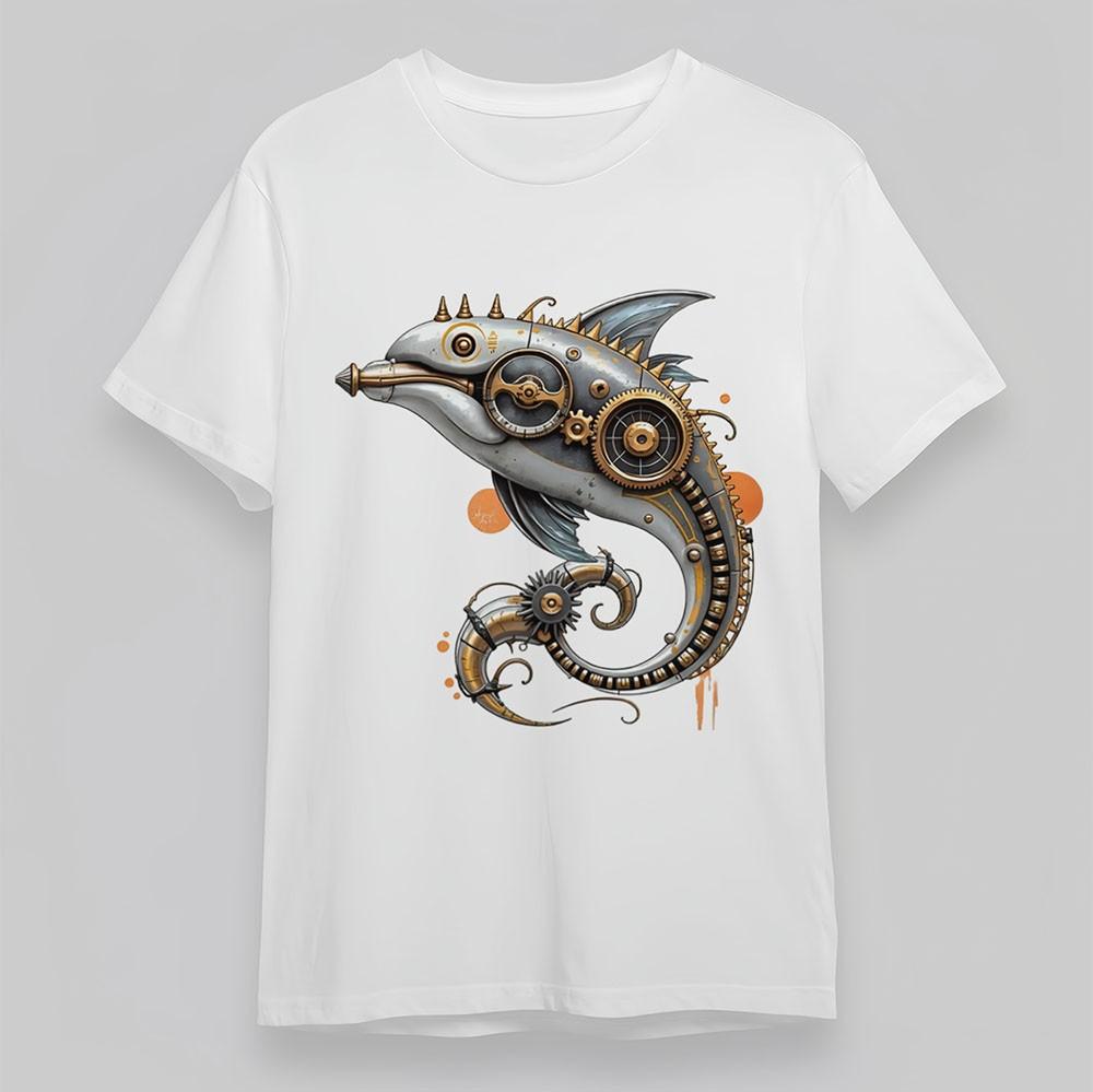 

Men s Steampunk T-Shirt Dolphin Spiked Head Metallic Fins Tee Oversize Cotton 4XL