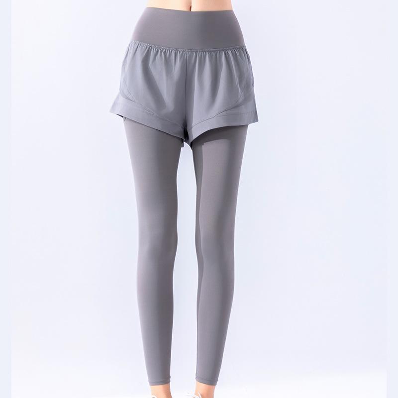 

Женские леггинсы для йоги с высокой талией и эффектом подтяжки бедер в осеннем стиле - ощущение обнаженности, дизайн под две вещи, идеально подходят для бега и фитнеса M (95-109 jin) серый