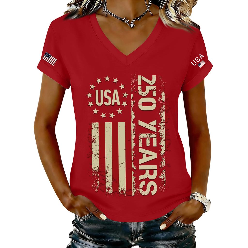 Women's Fashionable V-Neck Casual Retro Print Short Sleeved T-shirt Top