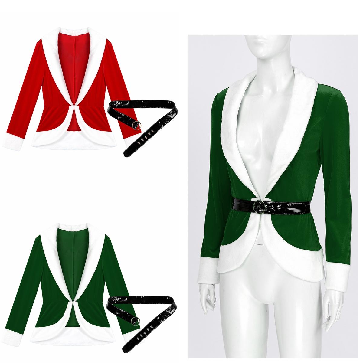 

Christmas White Faux Fur Front Open V Neck Long Sleeves Color Block Patchwork Coat Tops With Belt Santa Costume S червоний