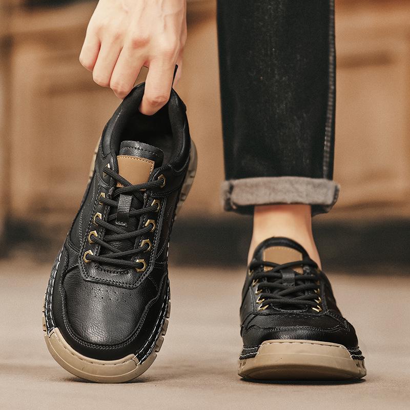 Men's Large Soft Sole Leather Driving Shoes - Hand-stitched Low-top Lace-up Autumn Casual Footwear