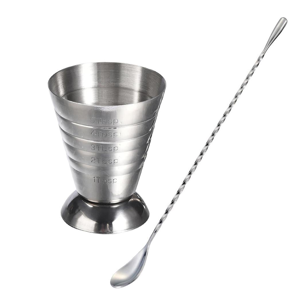 Paslanmaz Çelik Ölçüm Kabı ve Karıştırma Kaşığı Kokteyl Ölçer Ölçer 2,5 oz /5 yemek kaşığı /75 ml Likör Shot Seti Bar Aksesuarları