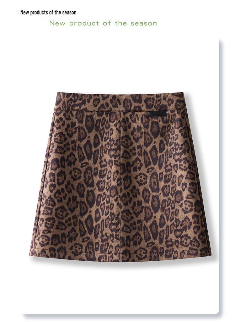 2024 Women's Khaki Suede Leopard Print Woolen Midi Skirt - New Autumn/Winter A-line Bodycon Design