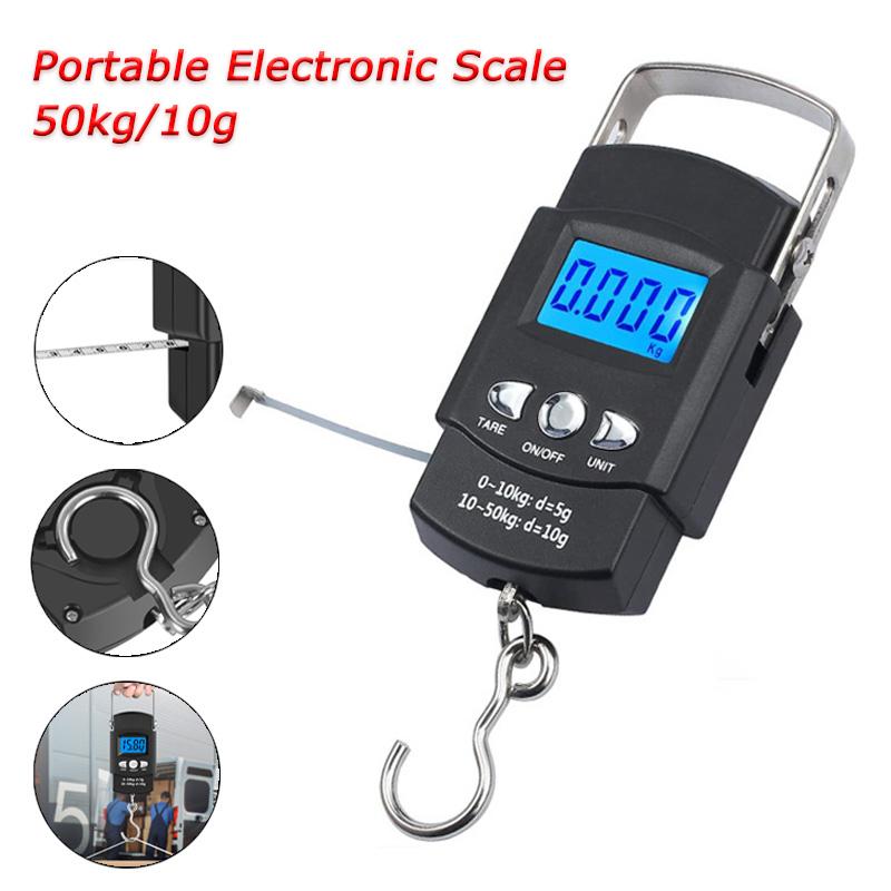 

50kg/10g Portable Electronic Scale LCD Digital Display Hand Scale with 1m Measuring Tape,Travel Fishing Hanging Hook Scale 19*5.5cm чорний