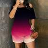 Women Plus Size Off Shoulder Short Sleeve Galaxy Marble Print Romper Loose Fit Side Pockets
