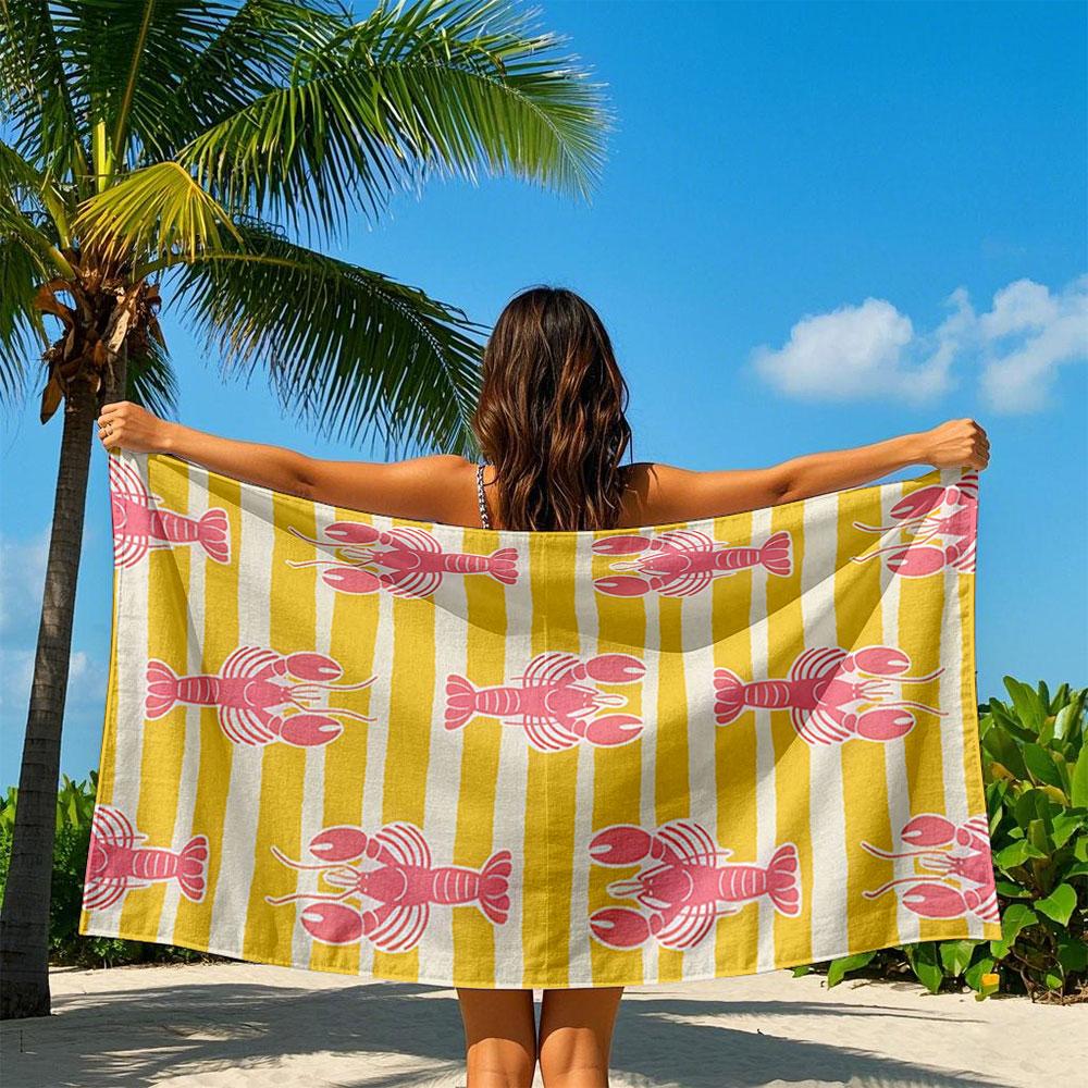 Nautical Lobster Stripes Yellow Quick Drying Bath Towel Microfiber beach towel light weight swimming camping yoga beach out