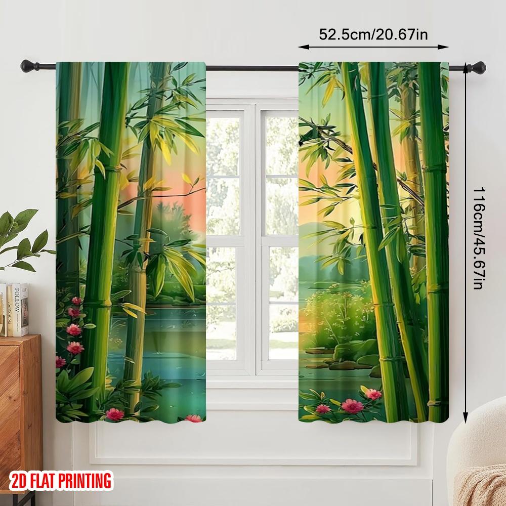 Flat Printing Curtains Chinese Polyester Lotus Landscape Natural Scenery Without Electricity Festive Wall Decor Set Of 2 Made