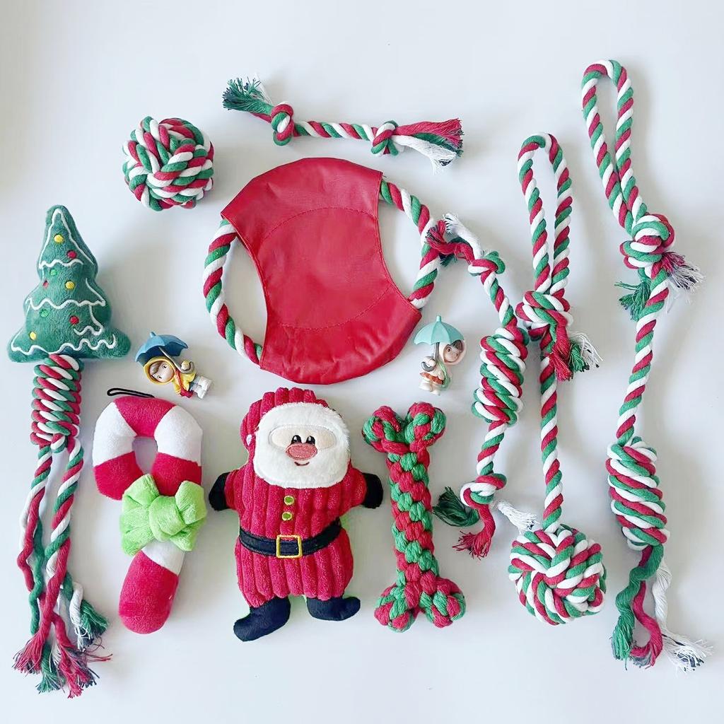 Christmas Dog Toy Set for Dogs - Cotton Rope Chew Toys, Squeaky Santa Plush, Safe, Durable, Teeth Cleaning Holiday Dog Gifts