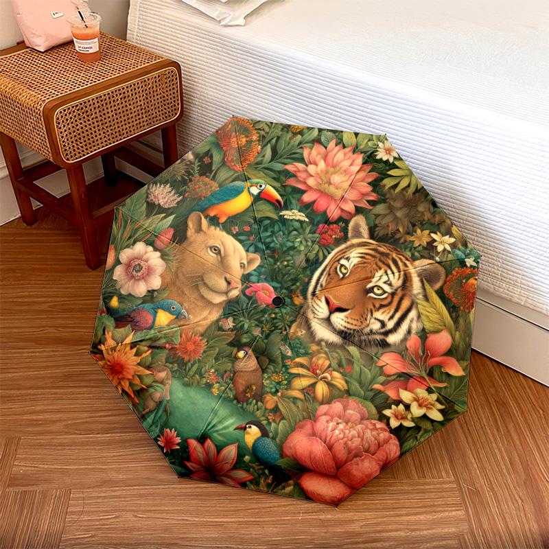 Tiger Parrot Pattern, Automatic Folding Umbrella, Portable and Foldable Design, 8 Ribs, a Christmas or Birthday Gift.