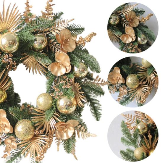 20" Christmas Wreath for Front Door Artificial Wreath with Ball Ornaments Golden Flowers Leaves
