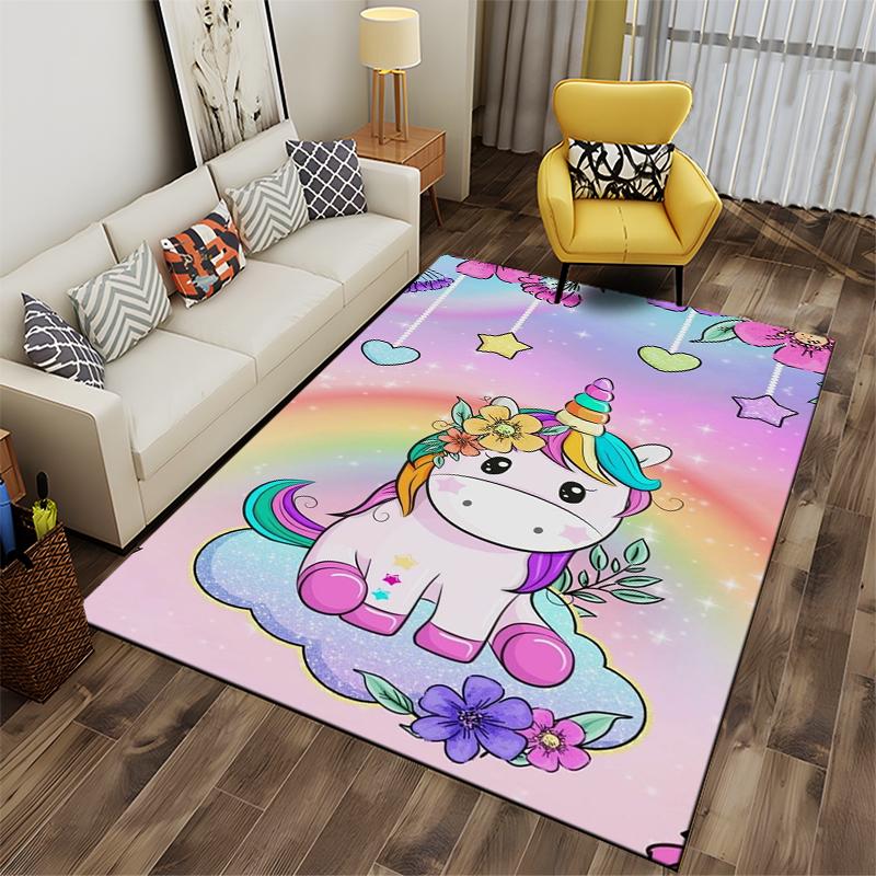 Rainbow Unicorn On Cloud with Floral Accents Non-slip Rug Suitable for Living Room and Bedroom Sofas