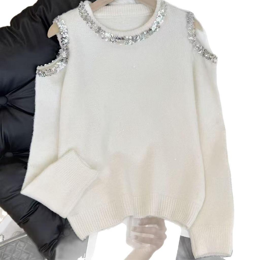 Autumn/Winter Elegant Pink Sequin Off-the-Shoulder Slimming Sweater for Women