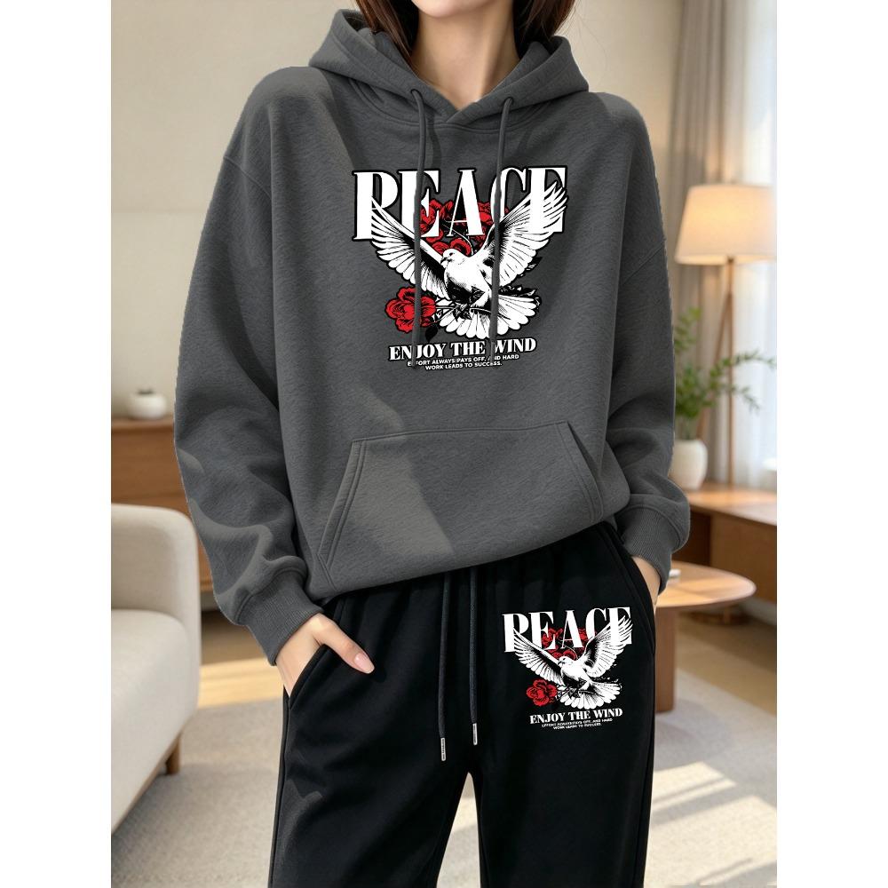 Peace Dove Rose Enjoy The Wind Print Y2K Women'S Hoodie Set Casual Pocket Jogging Pants Loose