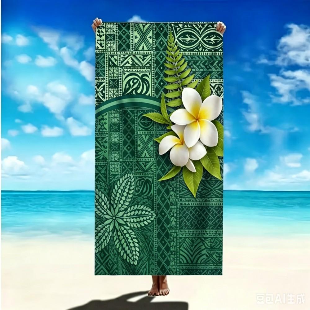 Bohemian Polynesian Towel Large Ethnic Tapa Pattern with Plumeria Flowers Microfiber Towel for Vacation