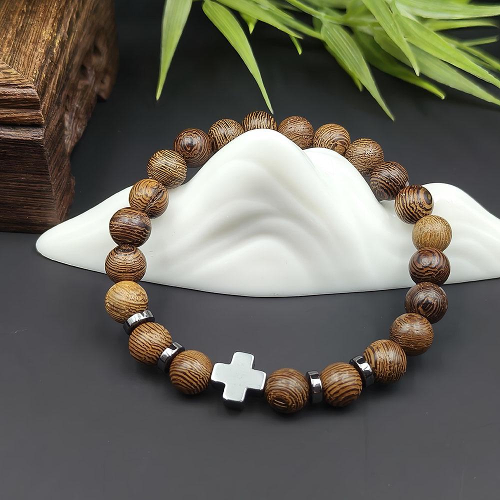 Black Hematite Cross Beaded Bracelet with Wooden Beads - Unisex Handmade String Accessory