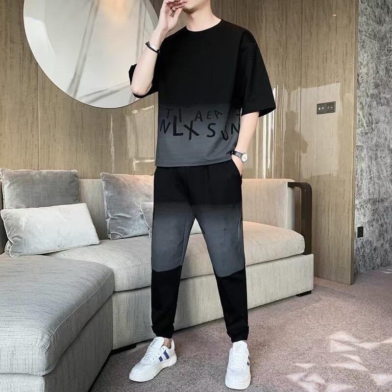 

Летний комплект из футболки и шорт с градиентом для мужчин 2024 года — повседневный свободный крой для подростков L чёрный