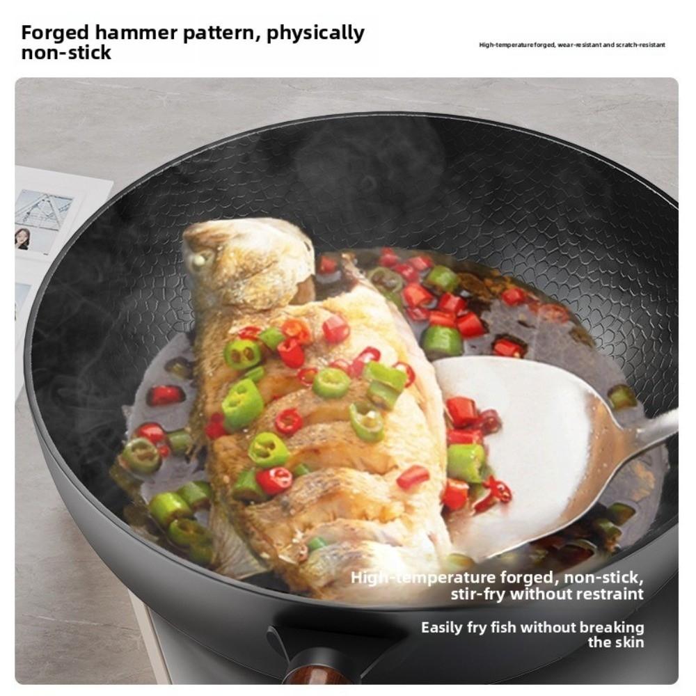 Wooden Handle Hammered Iron Wok Non Stick Steak Cooking Pot Thickened Frying Pan  Restaurant