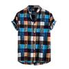 Stand Collar Short Sleeve Men Shirt Buttons Closure Men Plaid Printed Shirt Streetwear