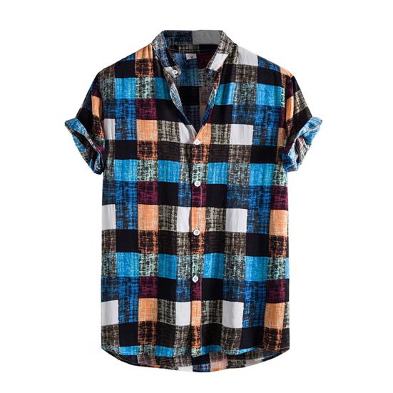 Stand Collar Short Sleeve Men Shirt Buttons Closure Men Plaid Printed Shirt Streetwear