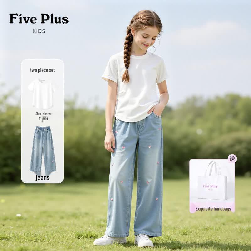 FivePlus Girls' 2026 Summer Short-Sleeve Tee & Jeans Set