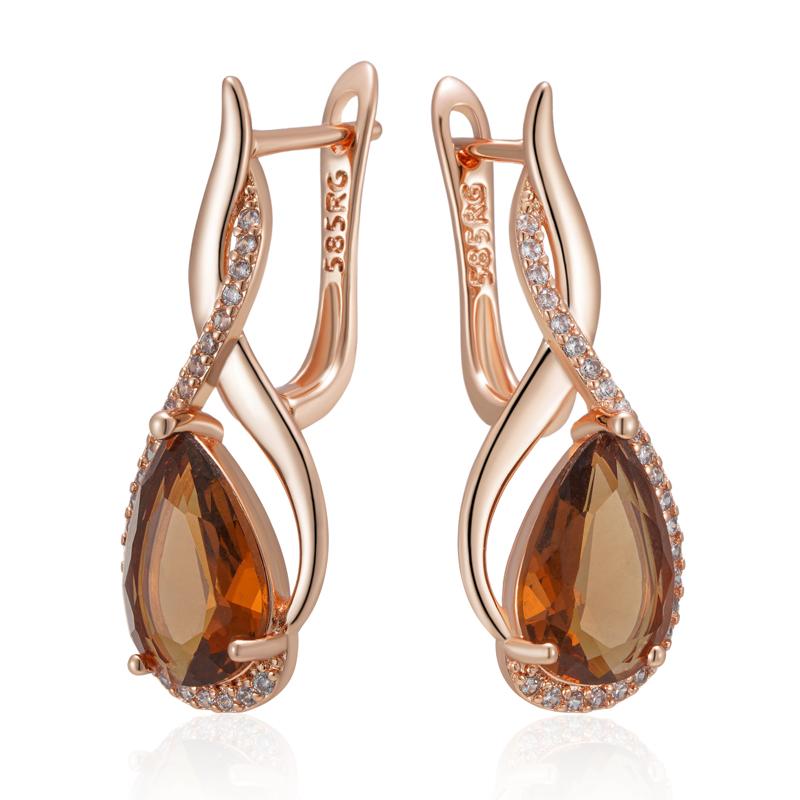Light Brown Natural Zircon English Earrings For Women Water Droplets Rose Gold Color High Quality Daily Jewelry