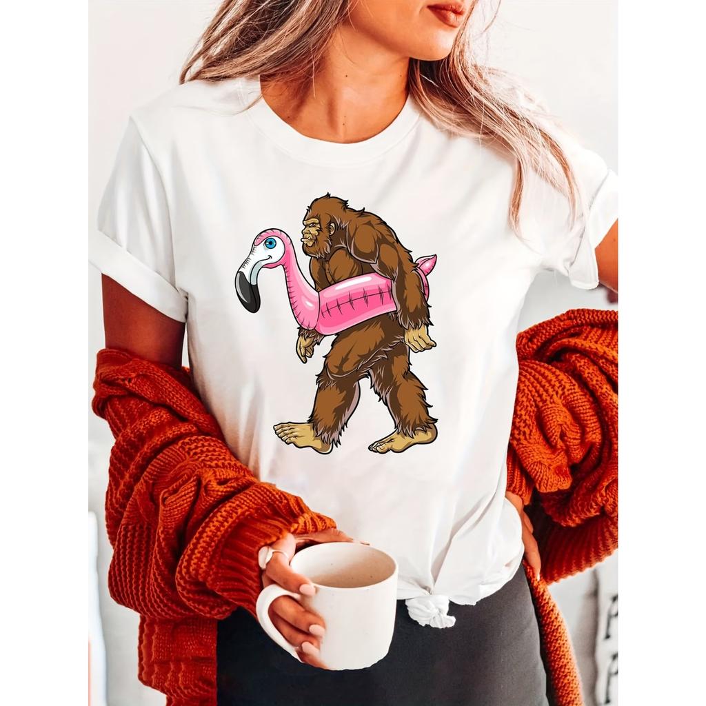 Women's Casual T-Shirt with Unique Gorilla & Flamingo Print - Short Sleeve, Crew Neck, Breathable Summer Top