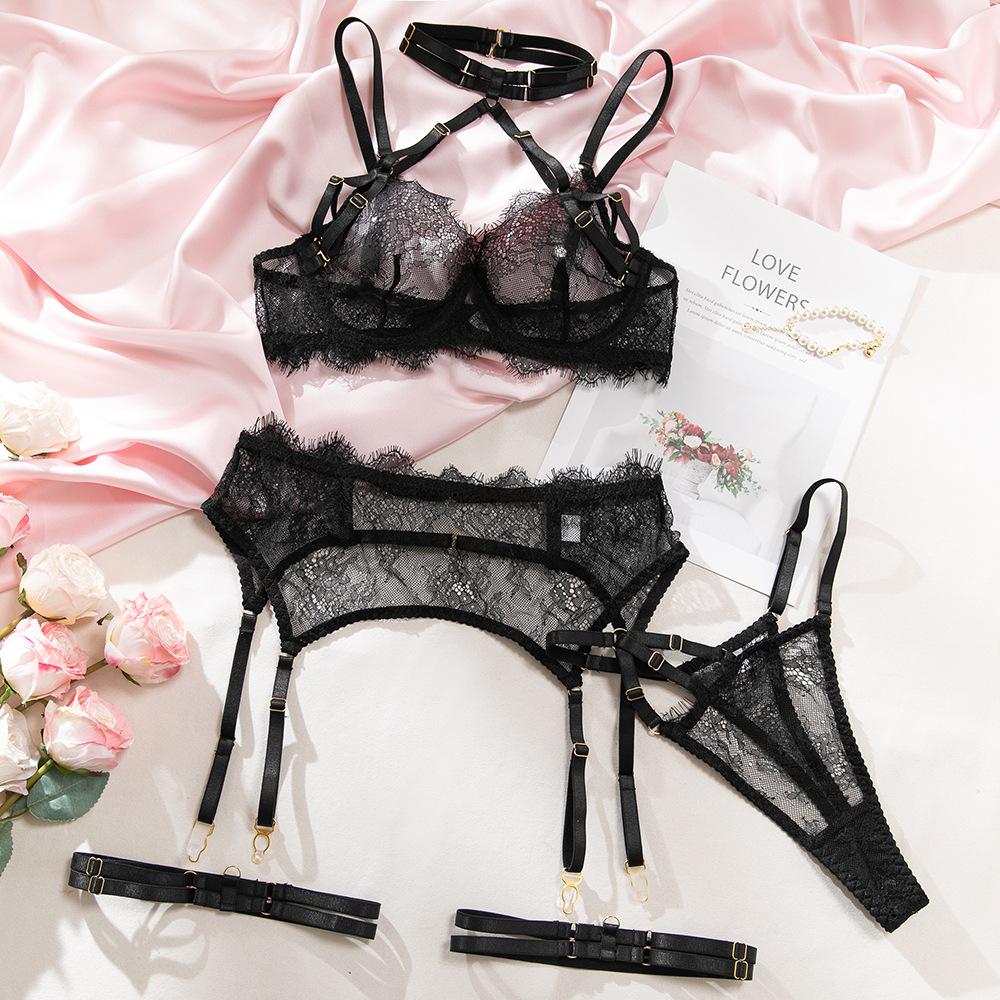 European and American Women’s Sexy Lingerie Set, Lace Eyelash Trim Sheer Cut-Out Halter Bra with Garter Belt, 4-Piece Erotic Intimate Wear