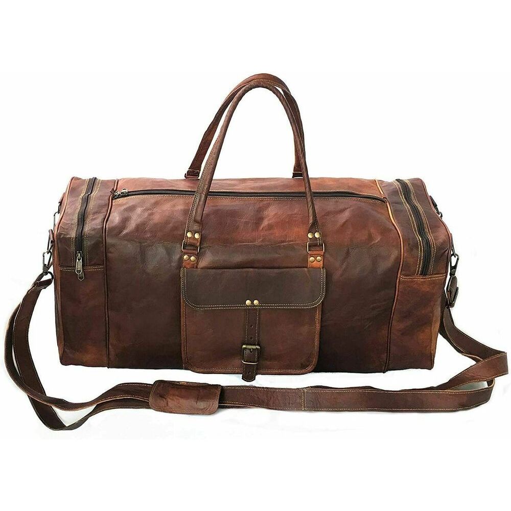 

28-дюймовая винтажная дорожная сумка ручной работы из натуральной козьей кожи, большая дорожная сумка для ручной клади 28 x 12 x 11 in коричневый