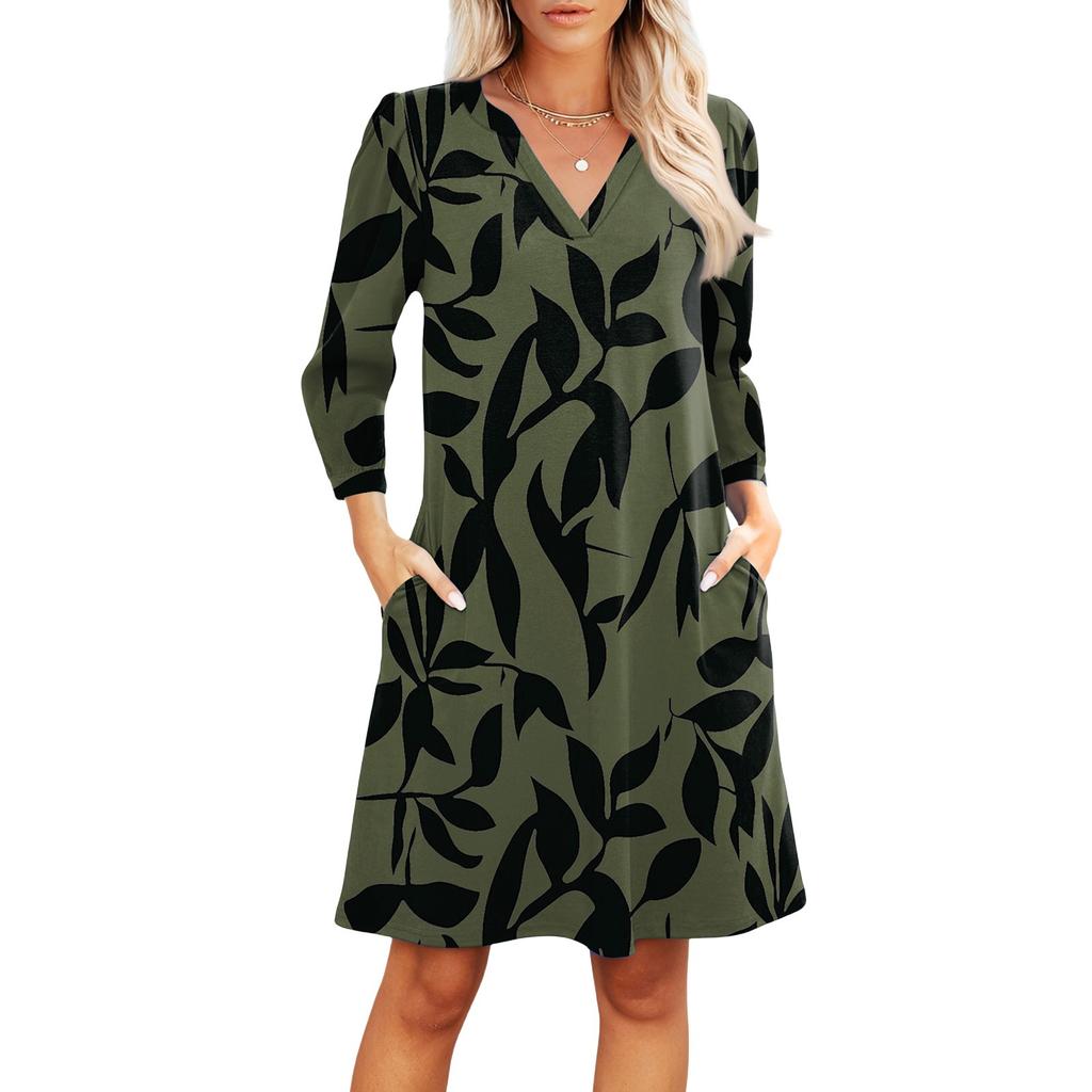 Women's Fashion V-neck Casual Beach Dress Three-quarter Sleeves Floral Print Dress