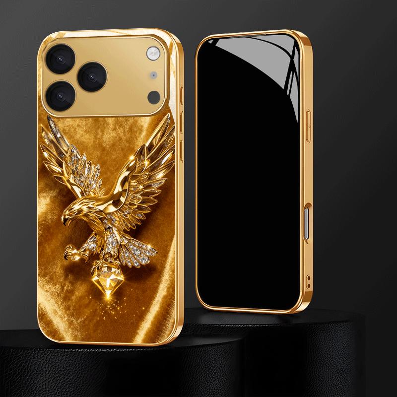 Luxurious Gold Eagle Patterned Electroplated Glass Phone Case Suitable for iPhone 17 16 15 14 13 12 11 Pro Max Plus Anti Drop