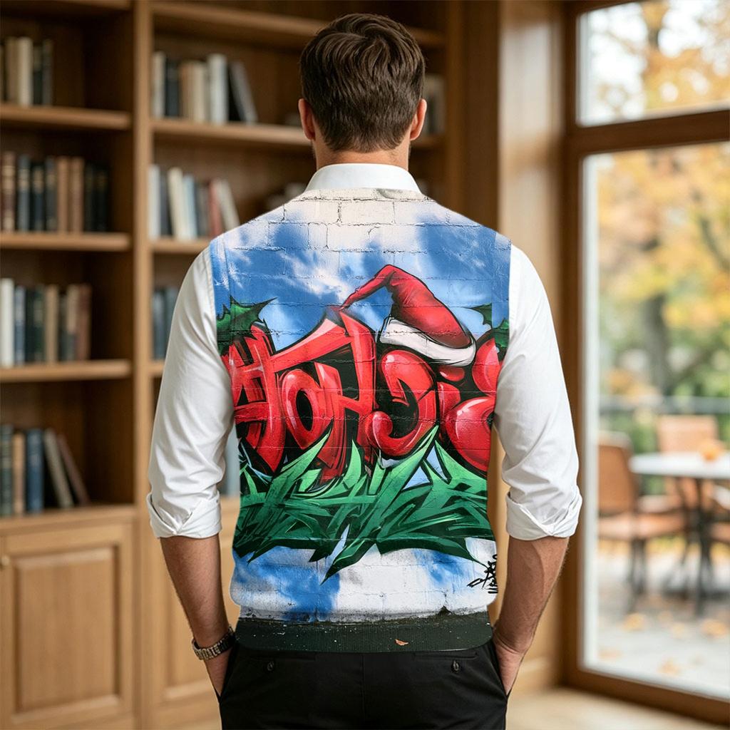 Herre Afslappet Juleprint Strikket Vest, V-hals Ærmeløs Uld Pullover til Pendling