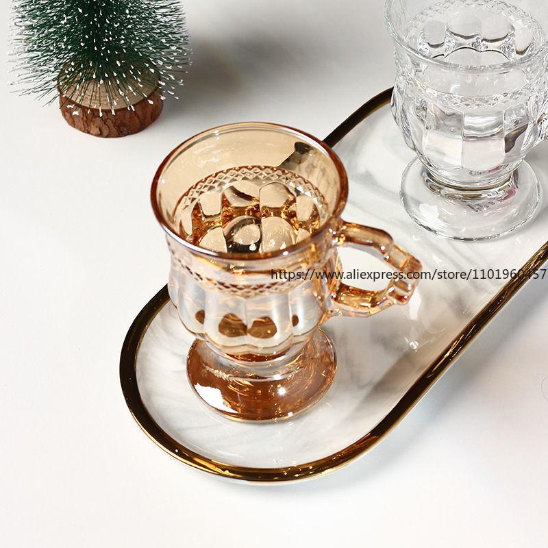 3PCS Amber Glass Cups Vintage European Style Cute Design for Tea Black Tea Milk Tea Wine Drinks